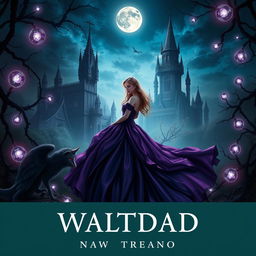 A realistic dark fantasy gothic book cover featuring a princess in a flowing gown under a night sky