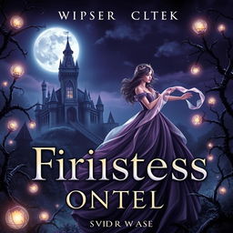 A realistic dark fantasy gothic book cover featuring a princess in a flowing gown under a night sky