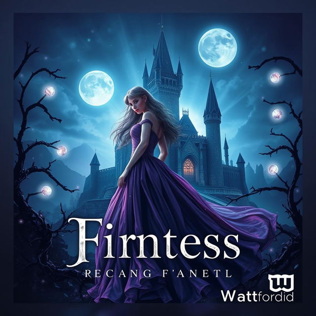 A realistic dark fantasy gothic book cover featuring a princess in a flowing gown under a night sky