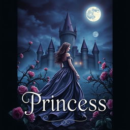 A realistic dark fantasy gothic book cover depicting a princess in a flowing gown under a moonlit night sky