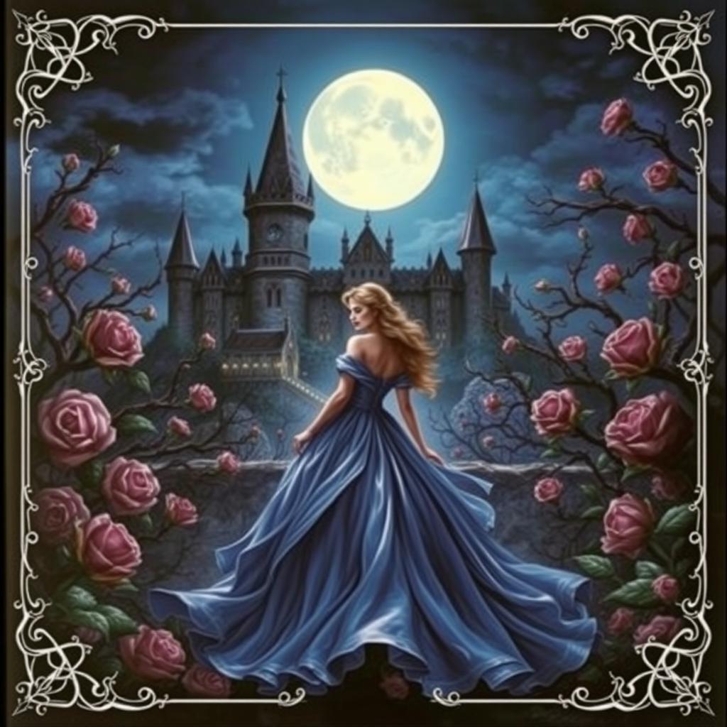 A realistic dark fantasy gothic book cover depicting a princess in a flowing gown under a moonlit night sky