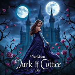 A realistic dark fantasy gothic book cover depicting a princess in a flowing gown under a moonlit night sky