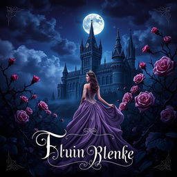 A realistic dark fantasy gothic book cover depicting a princess in a flowing gown under a moonlit night sky