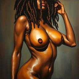 A polished, oil-based painting depicting a full nude body view of a gorgeous black woman with sheen leopard-colored dreadlocks and beautiful breasts in a sensual pose