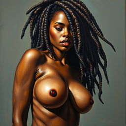 A polished, oil-based painting depicting a full nude body view of a gorgeous black woman with sheen leopard-colored dreadlocks and beautiful breasts in a sensual pose