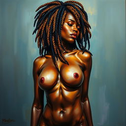 A polished, oil-based painting depicting a full nude body view of a gorgeous black woman with sheen leopard-colored dreadlocks and beautiful breasts in a sensual pose