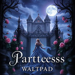 A realistic dark fantasy gothic book cover featuring a princess in a flowing gown under a night sky