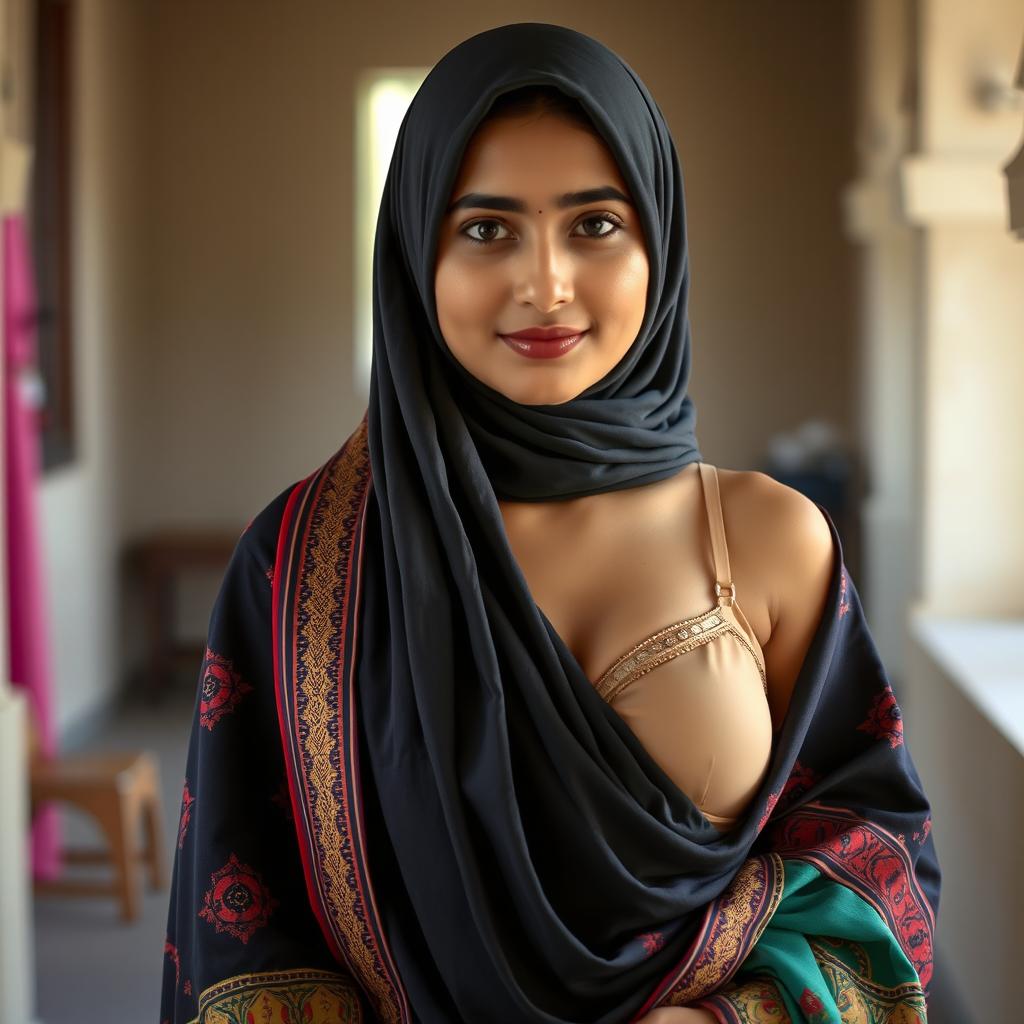 A Pakistani Muslim girl wearing a colorful traditional dupatta gracefully draped over her shoulders