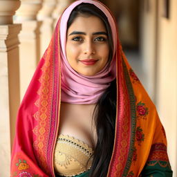 A Pakistani Muslim girl wearing a colorful traditional dupatta gracefully draped over her shoulders