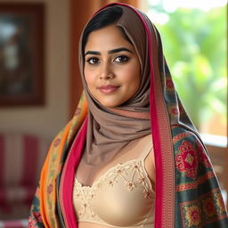 A Pakistani Muslim girl wearing a colorful traditional dupatta gracefully draped over her shoulders