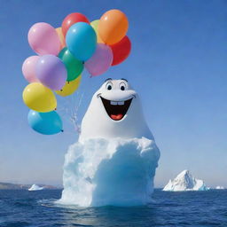 A playful and large iceberg sporting a cheerful smile, holding a bunch of colourful balloons in its crystalline 'hand' to mark a special birthday celebration.