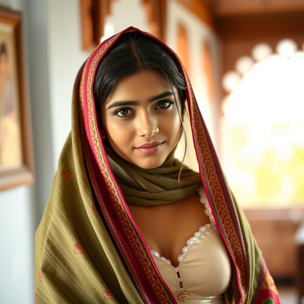 A Pakistani Muslim girl wearing a colorful traditional dupatta gracefully draped over her shoulders