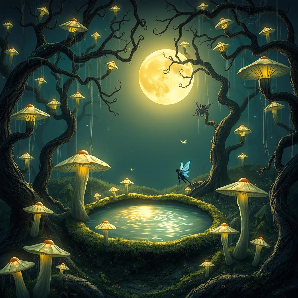 A fantasy scene with a mystical forest filled with glowing mushrooms and fairies