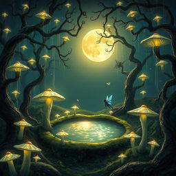 A fantasy scene with a mystical forest filled with glowing mushrooms and fairies