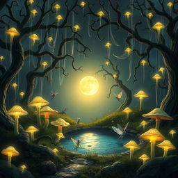 A fantasy scene with a mystical forest filled with glowing mushrooms and fairies