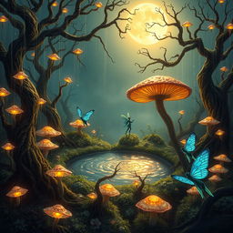 A fantasy scene with a mystical forest filled with glowing mushrooms and fairies