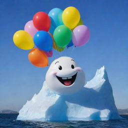 A playful and large iceberg sporting a cheerful smile, holding a bunch of colourful balloons in its crystalline 'hand' to mark a special birthday celebration.