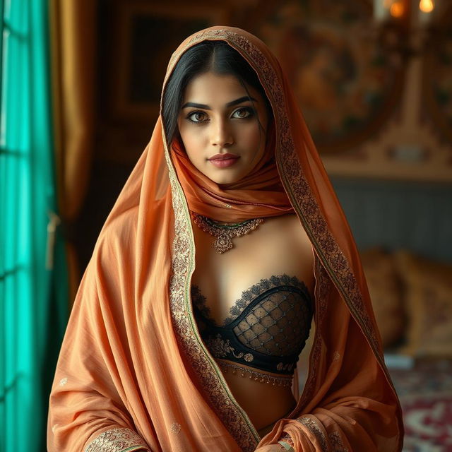 A Pakistani Muslim girl in a traditional dupatta, showcasing a desi-style net bra that is subtly exposed