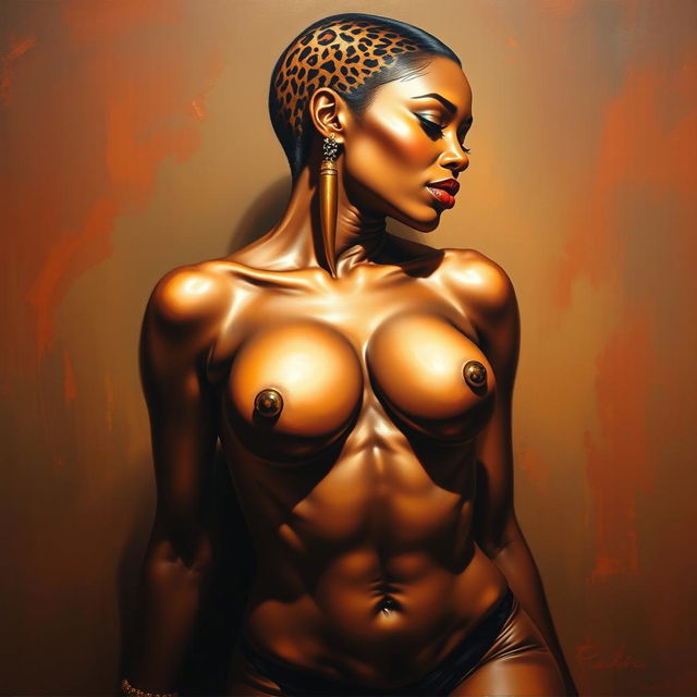 A polished, oil-based painting depicting a full nude body view of a gorgeous black woman with sheen leopard-colored low cut hair and beautiful breasts in a sensual pose