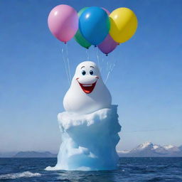 A playful and large iceberg sporting a cheerful smile, holding a bunch of colourful balloons in its crystalline 'hand' to mark a special birthday celebration.