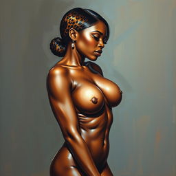 A polished, oil-based painting depicting a full nude body view of a gorgeous black woman with sheen leopard-colored low cut hair and beautiful breasts in a sensual pose