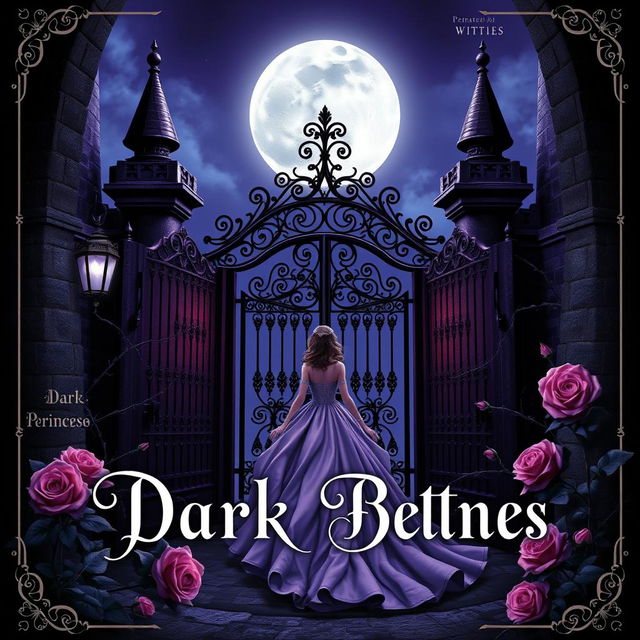 A dark fantasy gothic book cover featuring a realistic depiction of a princess in a flowing gown under a moonlit night sky