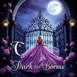 A dark fantasy gothic book cover featuring a realistic depiction of a princess in a flowing gown under a moonlit night sky