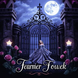 A dark fantasy gothic book cover featuring a realistic depiction of a princess in a flowing gown under a moonlit night sky