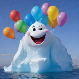 A playful and large iceberg sporting a cheerful smile, holding a bunch of colourful balloons in its crystalline 'hand' to mark a special birthday celebration.