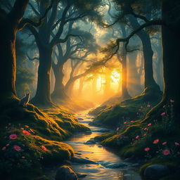 A mystical forest at dawn, with sunlight filtering through the dense canopy, illuminating the moss-covered ground and casting a golden glow