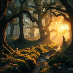 A mystical forest at dawn, with sunlight filtering through the dense canopy, illuminating the moss-covered ground and casting a golden glow