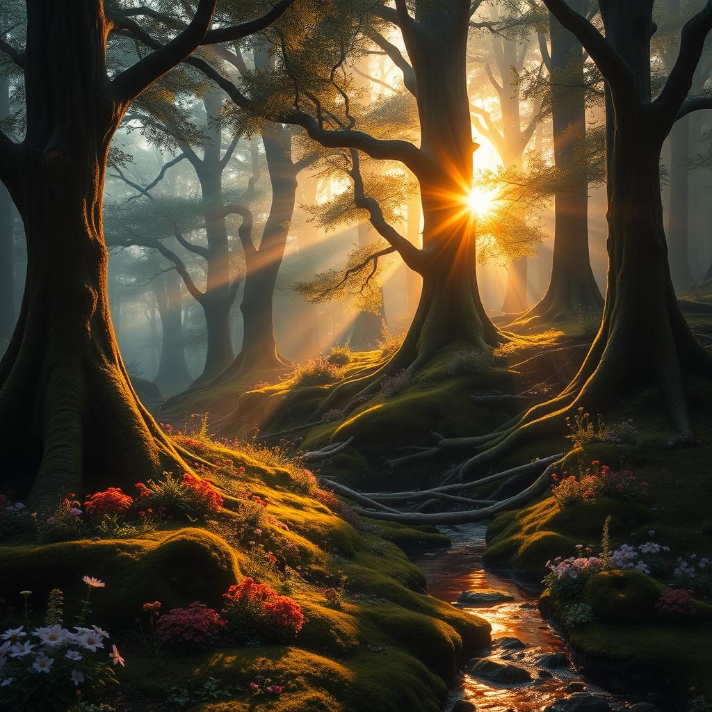 A mystical forest at dawn, with sunlight filtering through the dense canopy, illuminating the moss-covered ground and casting a golden glow