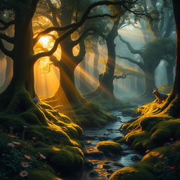 A mystical forest at dawn, with sunlight filtering through the dense canopy, illuminating the moss-covered ground and casting a golden glow