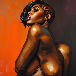 A polished, oil-based painting depicting a full nude body view of a gorgeous black woman with sheen leopard-colored low cut hair and beautiful breasts in a sensual pose