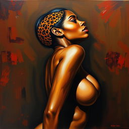 A polished, oil-based painting depicting a full nude body view of a gorgeous black woman with sheen leopard-colored low cut hair and beautiful breasts in a sensual pose