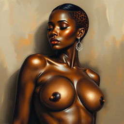 A polished, oil-based painting depicting a full nude body view of a gorgeous black woman with sheen leopard-colored low cut hair and beautiful breasts in a sensual pose