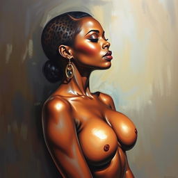 A polished, oil-based painting depicting a full nude body view of a gorgeous black woman with sheen leopard-colored low cut hair and beautiful breasts in a sensual pose