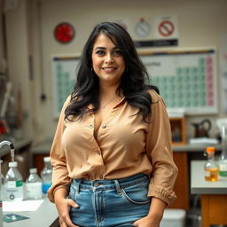 A 43-year-old female chemistry teacher with black hair and brown eyes, wearing soaked jeans and a stylish blouse