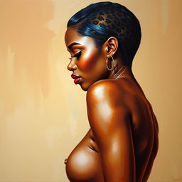 A polished, oil-based painting depicting a full nude body view of a gorgeous black woman with sheen leopard-colored low cut hair and beautiful breasts in a sensual pose