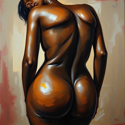 A polished, oil-based painting depicting a full nude body view of a gorgeous black woman with sheen leopard-colored low cut hair and beautiful breasts in a sensual pose