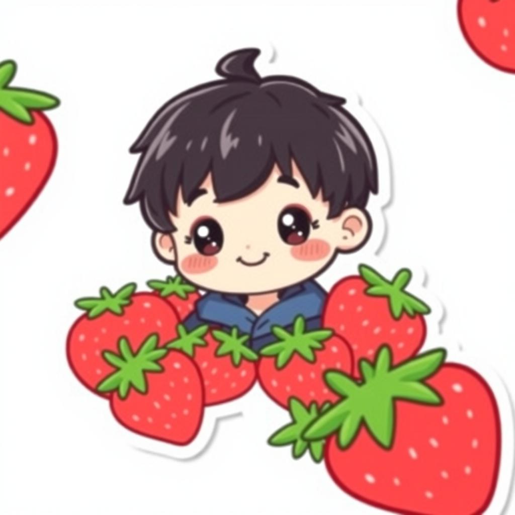 A kawaii sticker design featuring a cute boy with short black hair