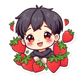 A kawaii sticker design featuring a cute boy with short black hair