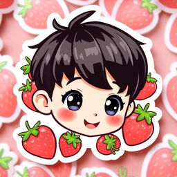 A kawaii sticker design featuring a cute boy with short black hair