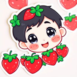 A kawaii sticker design featuring a cute boy with short black hair