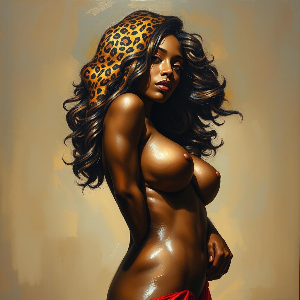 A polished, oil-based painting depicting a full nude body view of a gorgeous black woman with sheen leopard-colored hair and beautiful breasts in a sensual pose