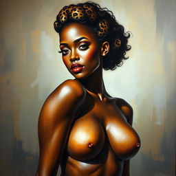 A polished, oil-based painting depicting a full nude body view of a gorgeous black woman with sheen leopard-colored hair and beautiful breasts in a sensual pose