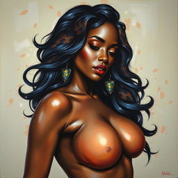 A polished, oil-based painting depicting a full nude body view of a gorgeous black woman with sheen leopard-colored hair and beautiful breasts in a sensual pose