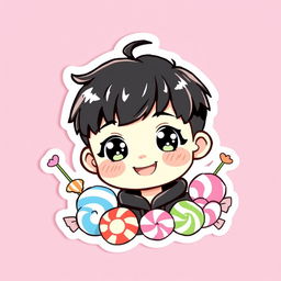 A kawaii sticker featuring a cute boy with short black hair