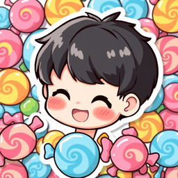 A kawaii sticker featuring a cute boy with short black hair