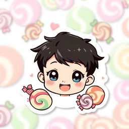 A kawaii sticker featuring a cute boy with short black hair